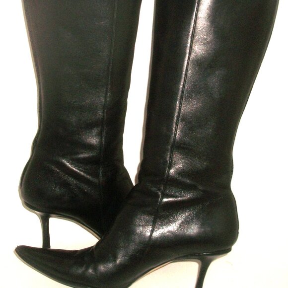 Jimmy Choo "Faith" Black Leather Rear Zip High Heel Boots w Suede Side Panel - Picture 5 of 15